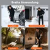 A collage of four images showing a snow shovel being used in different scenarios: clearing snow from a driveway, building a snowman, clearing leaves from a backyard, and shoveling dirt in a barn. Produktbild-Vorschau