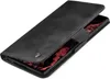 A black flip case for a smartphone is shown open, revealing the phone's screen with a red abstract design. Produktbild-Vorschau