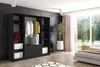 A bedroom scene with a large black wardrobe, a bed, and a large window with curtains. Produktbild-Vorschau