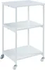 A white, three-tiered rolling cart with wheels. Voir les images du produit