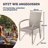 People enjoying drinks and food outdoors, with a chair and dimensions shown. Produktbild-Vorschau