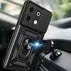 A black phone case with a magnetic ring stand and camera cover is shown attached to a car's dashboard. Produktbild-Vorschau
