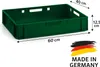 A green plastic crate with dimensions indicated by measurement lines and text. Produktbild-Vorschau
