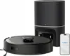 A black robot vacuum cleaner with its charging dock and a smartphone displaying the Tapo app are shown against a white background. Produktbild-Vorschau