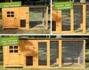 A collage of images showing different configurations of a wooden chicken coop with optional runs. Produktbild-Vorschau