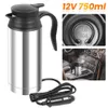 A collage of images showing a 12V car kettle, its interior heating element, and a lifestyle shot of it in a car's cup holder. Náhled obrázku produktu
