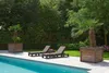 Two lounge chairs are placed on a patio next to a swimming pool, with potted palm trees in the background. Náhled obrázku produktu