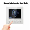 A hand is shown pressing a button on a white smart thermostat with a digital display. Voir les images du produit