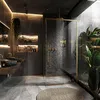 A luxurious modern bathroom with a walk-in shower, double vanity, and lush greenery. Produktbild-Vorschau