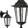 Two black outdoor wall lights are shown against a white background. One is a close-up of a larger light, and the other is a smaller light to the left. Podgląd zdjęcia produktu