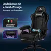 A black gaming chair with features highlighted by text and graphics. Produktbild-Vorschau