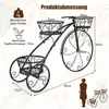 A black metal bicycle-shaped plant stand with dimensions and load capacity indicated by text and lines. Anteprima dell’immagine prodotto