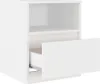 A white nightstand with one drawer partially open and an open shelf above. Produktbild-Vorschau