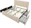 A beige upholstered bed frame with its mattress support slats exposed, showing the drawers underneath. Produktbild-Vorschau