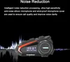 A motorcycle helmet communication device is shown against a black background with abstract sound wave graphics. Náhled obrázku produktu