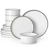 A set of white ceramic plates and bowls with black trim, neatly arranged against a white background. Voir les images du produit