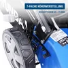 A close-up view of a blue lawnmower, focusing on the wheel and height adjustment mechanism. Produktbild-Vorschau