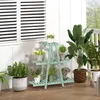 A collection of potted plants arranged on a wooden deck, with a white shuttered window in the background. Produktbild-Vorschau