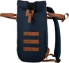 A side view of a navy blue backpack with brown leather accents. Produktbild-Vorschau