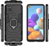 A black phone case with a ring holder is shown from multiple angles, alongside a smartphone displaying a colorful abstract wallpaper. Produktbild-Vorschau