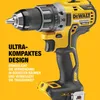 A close-up marketing image of a DeWALT cordless drill against a yellow background, with German text describing its features. Anteprima dell’immagine prodotto