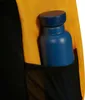 A close-up view of a blue water bottle in a mesh pocket of a backpack. Produktbild-Vorschau