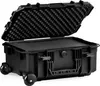 A black transport case with wheels and foam padding is shown with its lid open. Produktbild-Vorschau