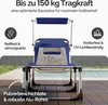 A blue foldable sun lounger with a weight on it to demonstrate its load capacity, placed on a wooden deck next to a pool. Produktbild-Vorschau