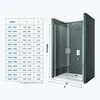 A size chart and a diagram of a shower enclosure. Produktbild-Vorschau