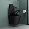 A modern black wall-mounted toilet with the lid and seat in a partially open position, set against a teal wall with a toilet paper holder on the right. Produktbild-Vorschau