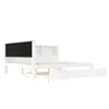 A white wooden bed frame with a black headboard and a pull-out drawer underneath, shown against a white background. Produktbild-Vorschau