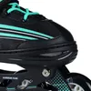 A close-up view of a black and teal inline skate. Produktbild-Vorschau