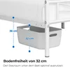 A white storage bin is placed under a white metal bed frame, illustrating the under-bed storage space. Produktbild-Vorschau
