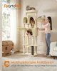 A woman interacting with a multi-level cat tree in a living room setting, with several cats on and around the tree. Produktbild-Vorschau