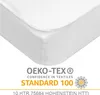 Close-up of a white mattress protector with a label indicating OEKO-TEX certification. Produktbild-Vorschau