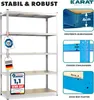 A metal shelving unit with several shelves, shown with various marketing callouts and certifications. Produktbild-Vorschau