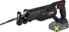 A black and red cordless reciprocating saw with a blade attached, shown against a white background. A battery pack is shown detached and faded out with a yellow 'X' mark. Produktbild-Vorschau