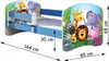 A child's bed with cartoon jungle animals depicted on the headboard and footboard. Dimensions are shown with measurement lines and text. Produktbild-Vorschau