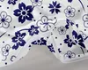 A close-up view of white bedding with a blue floral pattern, showing a zipper. Produktbild-Vorschau