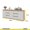 A white and wood sideboard with decorative items on top, shown with dimensions. Anteprima dell’immagine prodotto