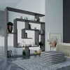 A modern living room scene featuring a gray bookshelf room divider with various decorative items and a patterned ottoman. Anteprima dell’immagine prodotto