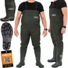 A person wearing waders and boots, with a close-up of the boot sole and a product tag. Produktbild-Vorschau
