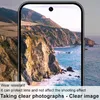 A smartphone screen displaying a scenic coastal landscape, with text overlays describing product features. Produktbild-Vorschau