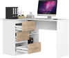 A white corner desk with wood-effect drawer fronts and shelves, featuring a computer monitor, binders, and office supplies. Anteprima dell’immagine prodotto