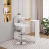 A white bar stool is placed next to a white bar table with shelves, in a room with a patterned rug and curtains. Produktbild-Vorschau