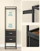 A clothing rack with drawers and detailed close-ups of its construction and safety features. Náhled obrázku produktu