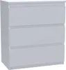 A white, three-drawer dresser is shown against a white background.