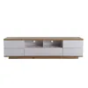 A long, low TV stand with a two-tone design, featuring white drawers and compartments with a wood-effect top and base. Voir les images du produit