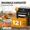 A black air fryer is shown with various food items and capacity information displayed around it. Produktbild-Vorschau