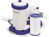 A white and blue swimming pool filter pump with a filter cartridge next to it, on a white background. Voir les images du produit